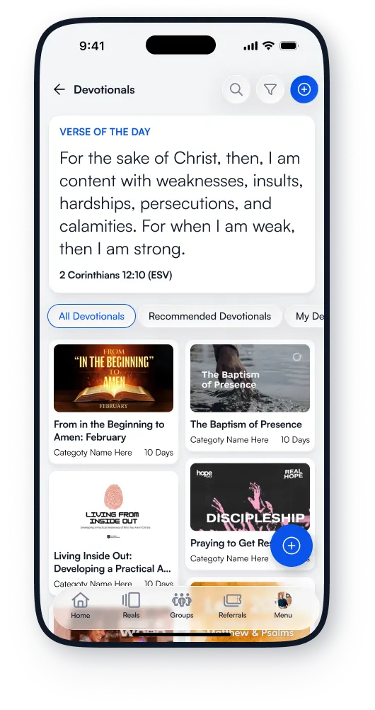 ActsSocial Devotionals screen with daily reading plans