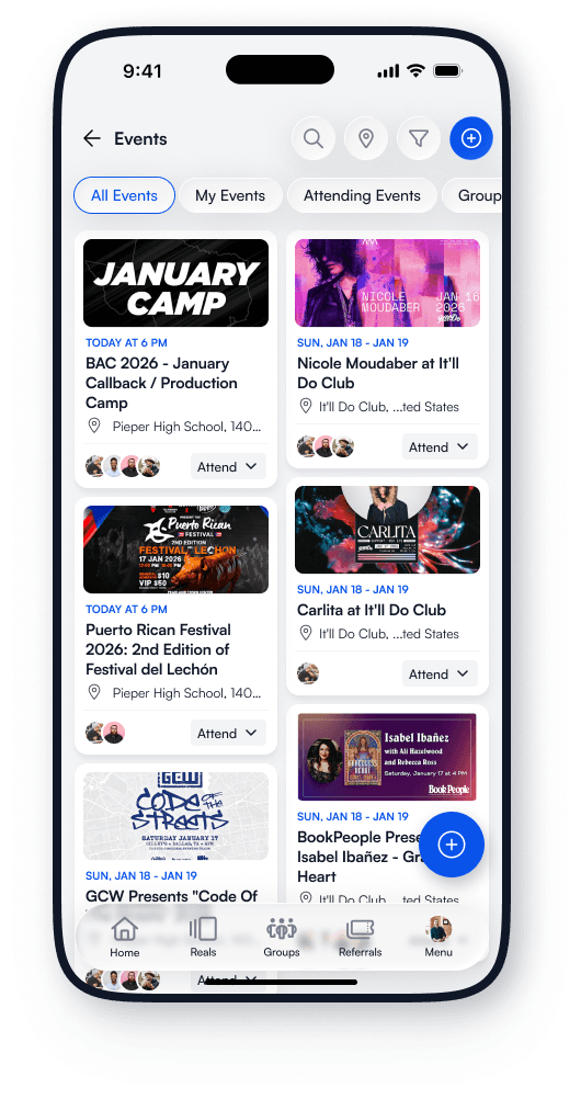 ActsSocial Events screen with nearby Christian events