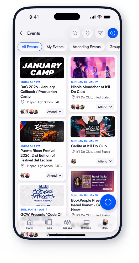 ActsSocial Events screen with nearby Christian events