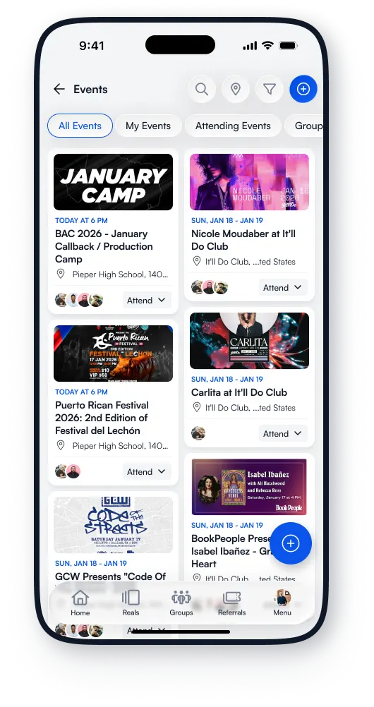 ActsSocial Events screen with nearby Christian events