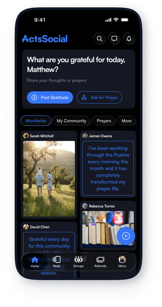 ActsSocial home feed in dark mode