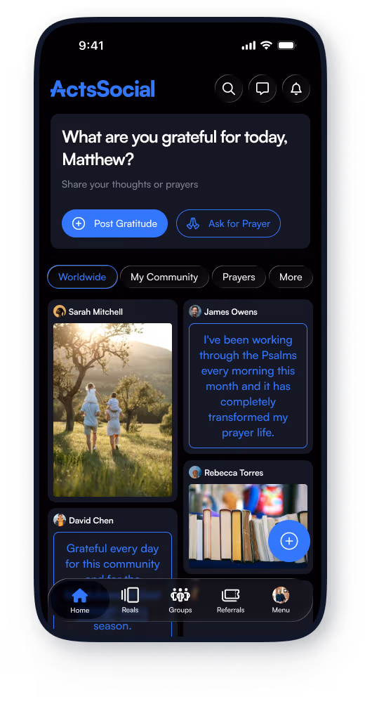 ActsSocial home feed in dark mode
