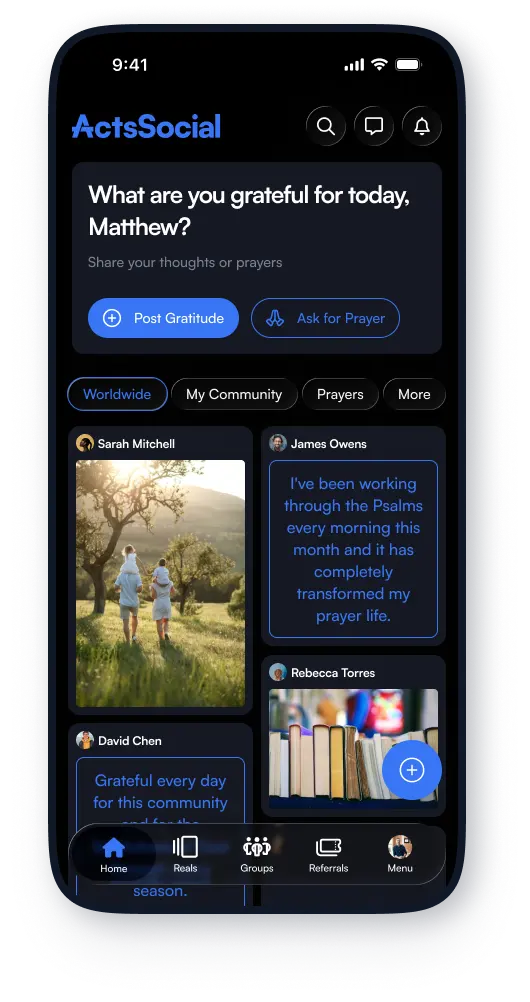 ActsSocial home feed in dark mode