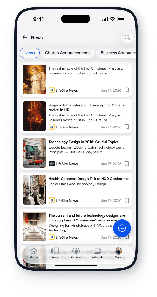 ActsSocial News screen with curated daily stories