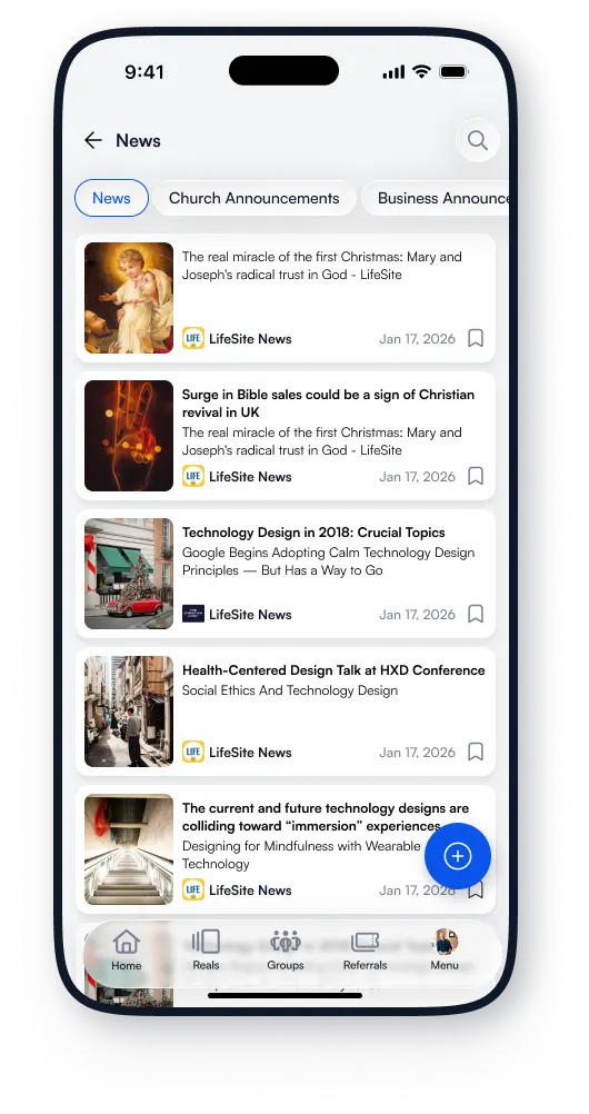 ActsSocial News screen with curated daily stories