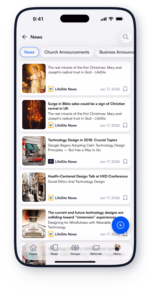 ActsSocial News screen with curated daily stories