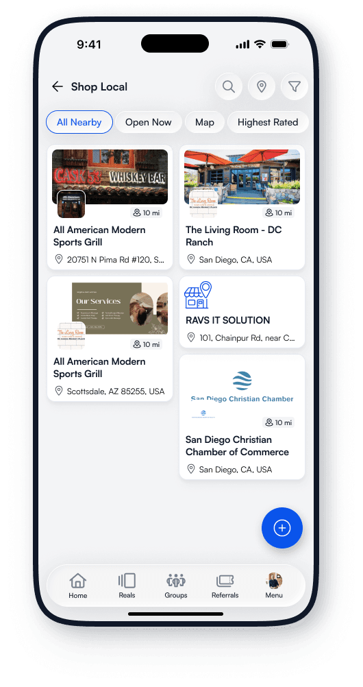 ActsSocial Shop Local screen listing nearby businesses