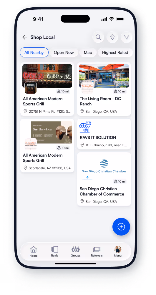 ActsSocial Shop Local screen listing nearby businesses