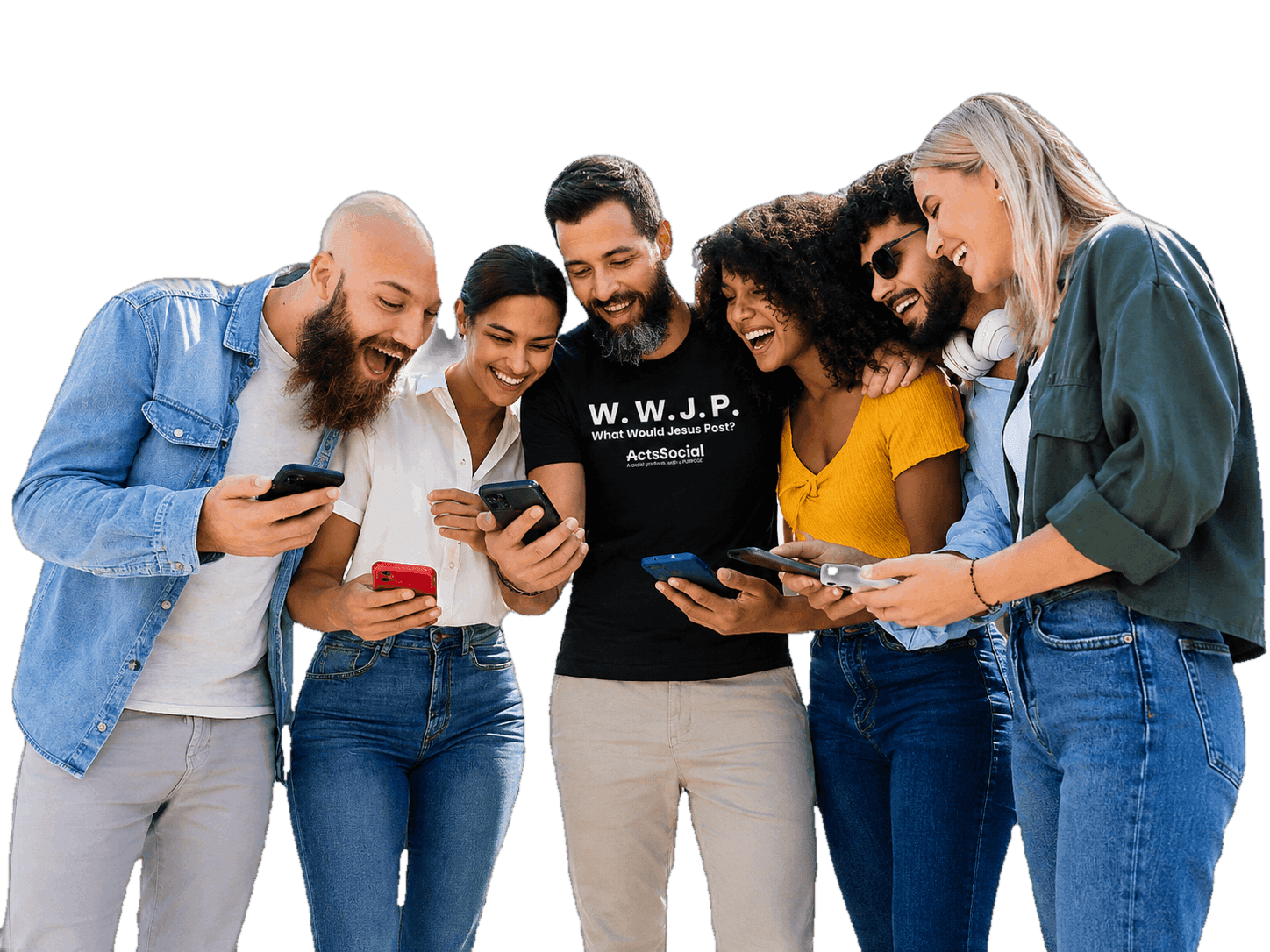 Excited ActsSocial users gathered together, smiling at their phones